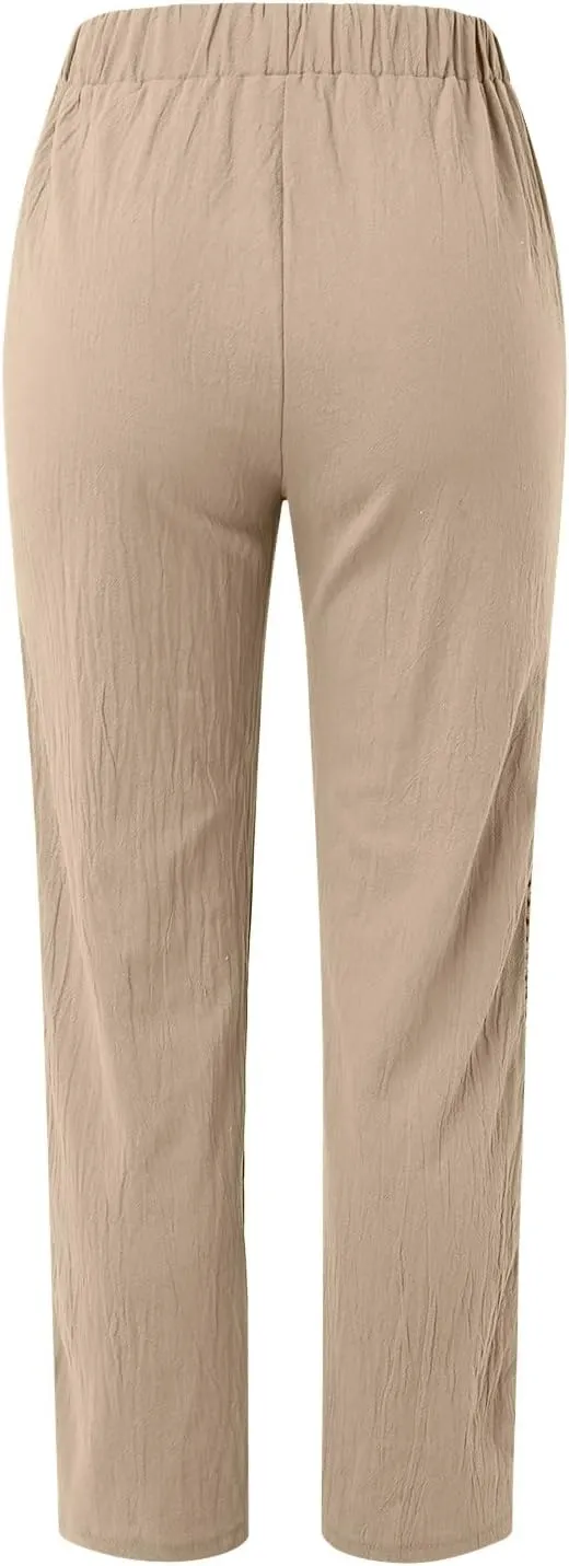 Linen Pants for Women Straight Leg Summer Cotton Side Hollow Trousers Casual High Waist Elastic Linen Beach Pants