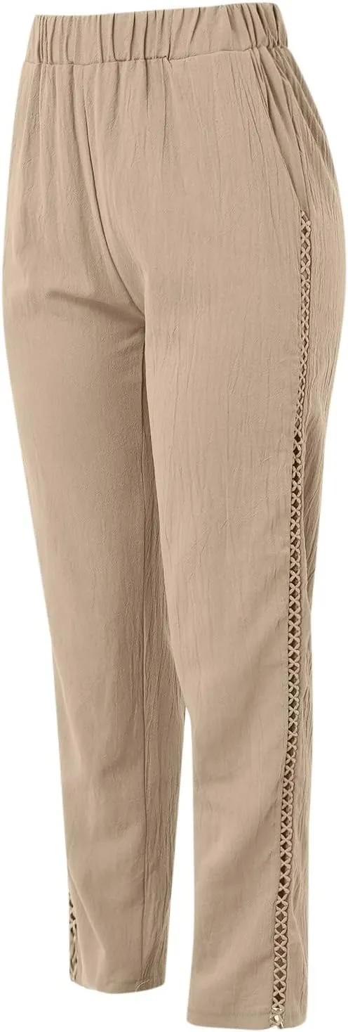 Linen Pants for Women Straight Leg Summer Cotton Side Hollow Trousers Casual High Waist Elastic Linen Beach Pants