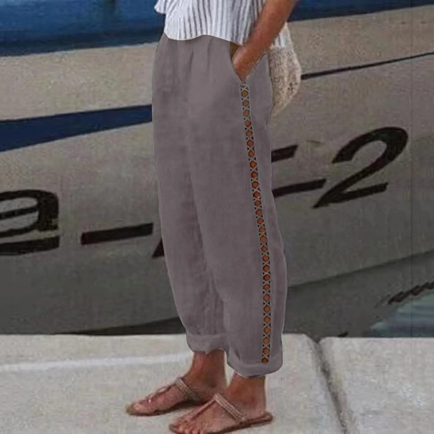 Linen Pants for Women Straight Leg Summer Cotton Side Hollow Trousers Casual High Waist Elastic Linen Beach Pants