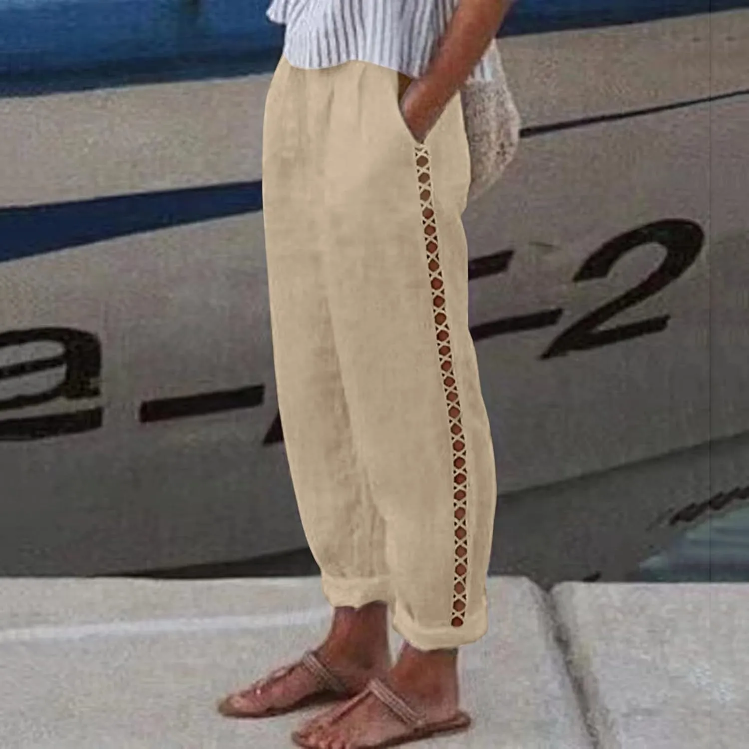 Linen Pants for Women Straight Leg Summer Cotton Side Hollow Trousers Casual High Waist Elastic Linen Beach Pants