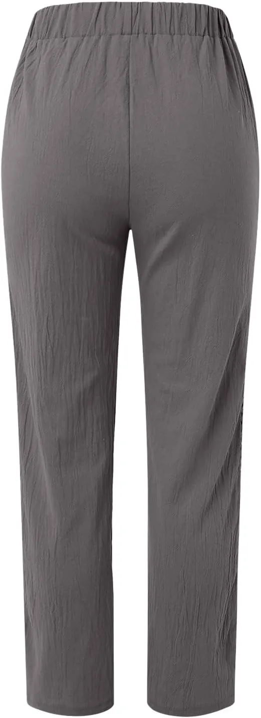 Linen Pants for Women Straight Leg Summer Cotton Side Hollow Trousers Casual High Waist Elastic Linen Beach Pants