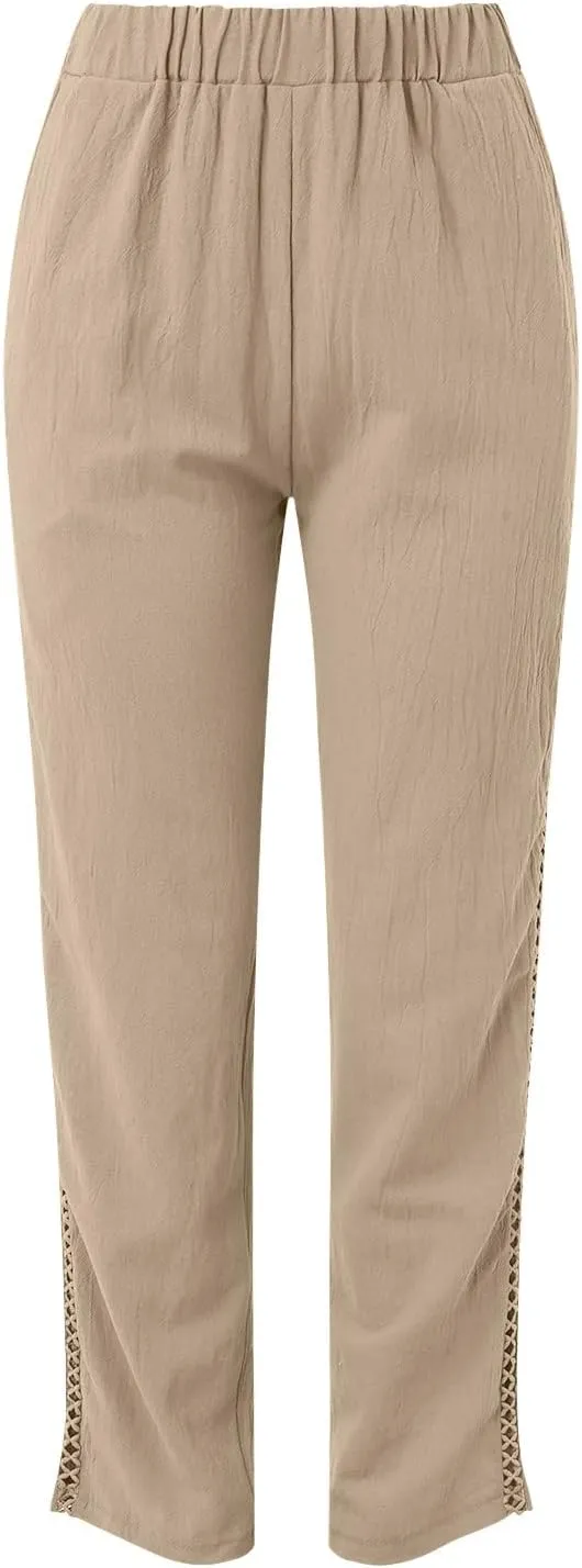 Linen Pants for Women Straight Leg Summer Cotton Side Hollow Trousers Casual High Waist Elastic Linen Beach Pants
