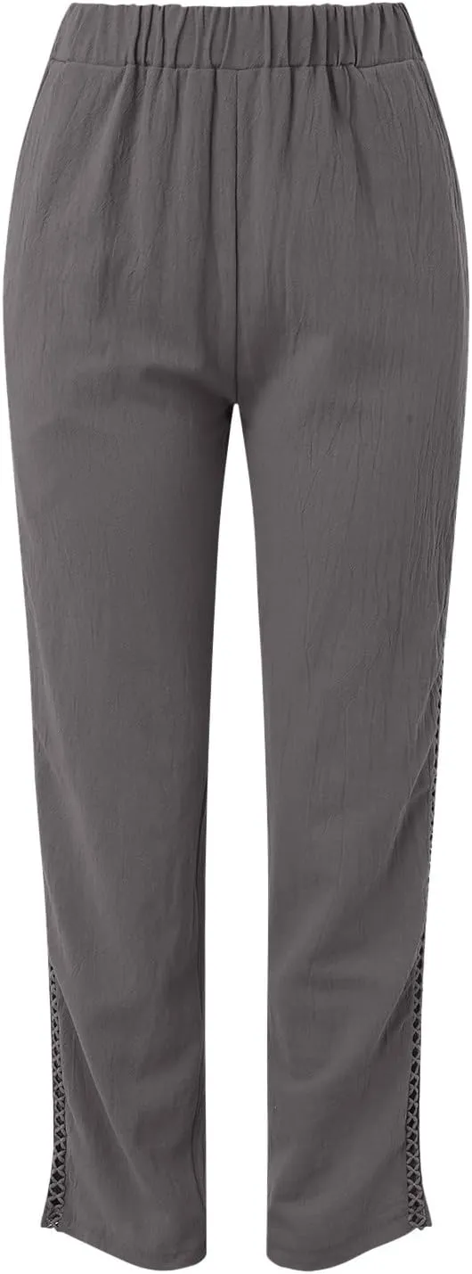 Linen Pants for Women Straight Leg Summer Cotton Side Hollow Trousers Casual High Waist Elastic Linen Beach Pants