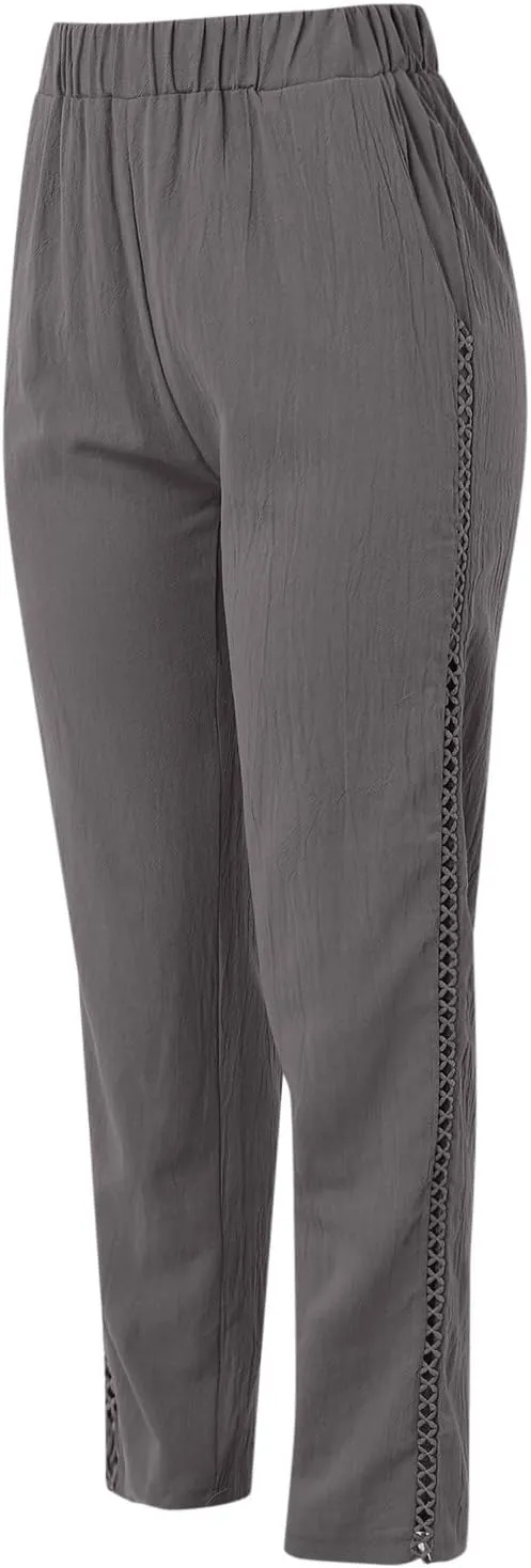 Linen Pants for Women Straight Leg Summer Cotton Side Hollow Trousers Casual High Waist Elastic Linen Beach Pants