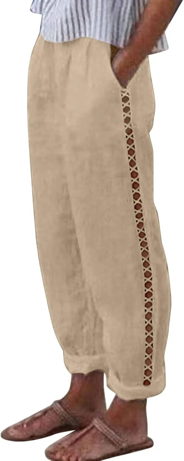 Linen Pants for Women Straight Leg Summer Cotton Side Hollow Trousers Casual High Waist Elastic Linen Beach Pants