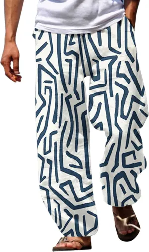Linen Pants Men Beach Casual Elastic Waist Summer Stripe Beach Pants Lightweight Breathable Yoga Vacation Trousers