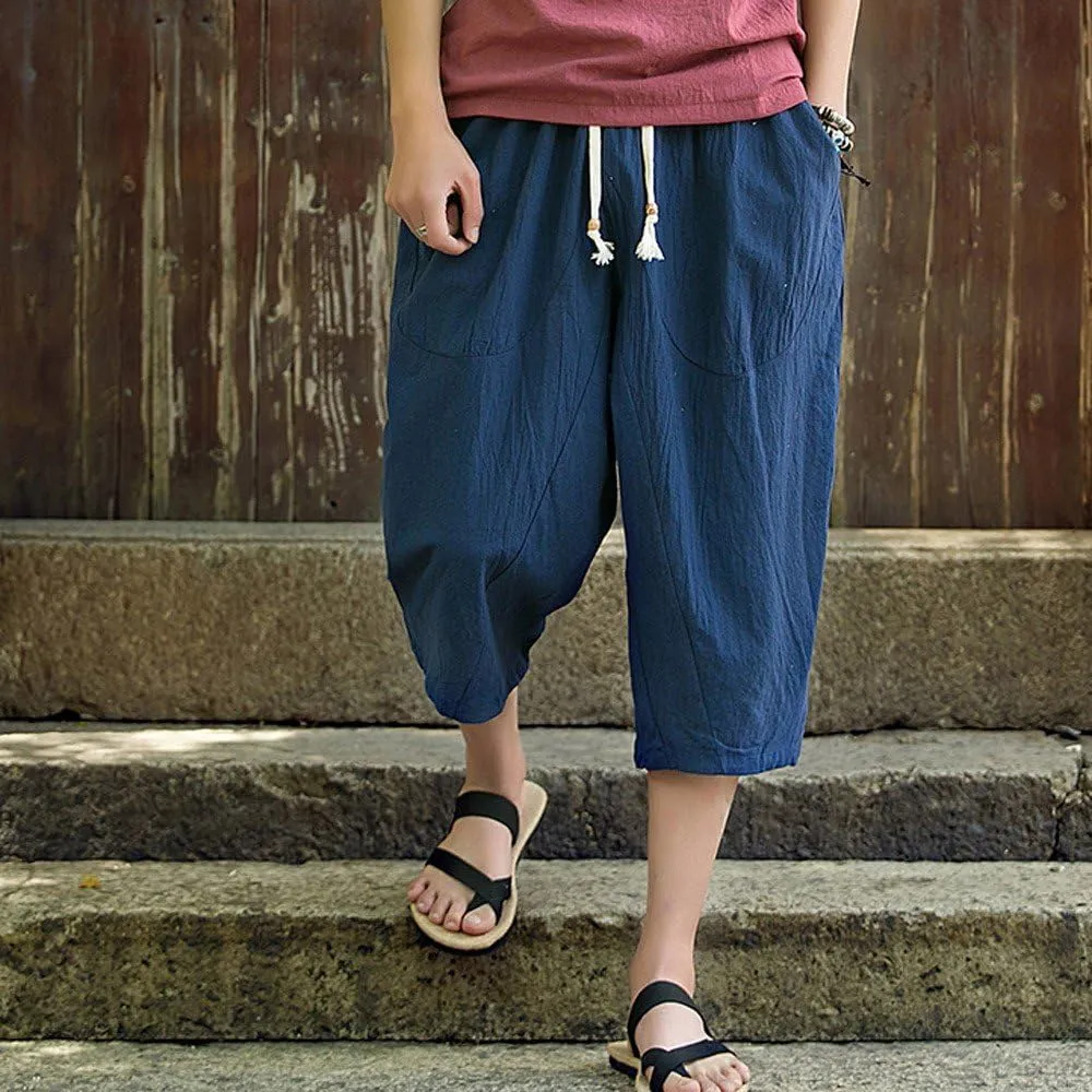 Linen Pants Men Big and Tall Classic Hippie Harem Pants Casual Lightweight Straight Leg Summer Beach Trousers