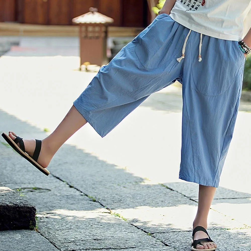 Linen Pants Men Big and Tall Classic Hippie Harem Pants Casual Lightweight Straight Leg Summer Beach Trousers