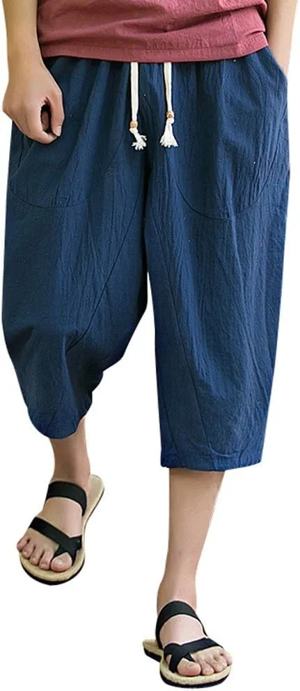 Linen Pants Men Big and Tall Classic Hippie Harem Pants Casual Lightweight Straight Leg Summer Beach Trousers