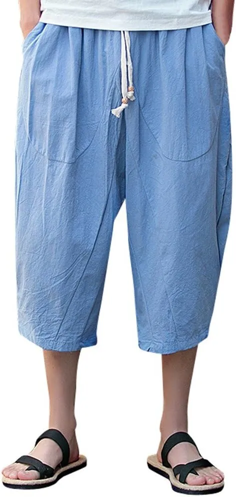 Linen Pants Men Big and Tall Classic Hippie Harem Pants Casual Lightweight Straight Leg Summer Beach Trousers