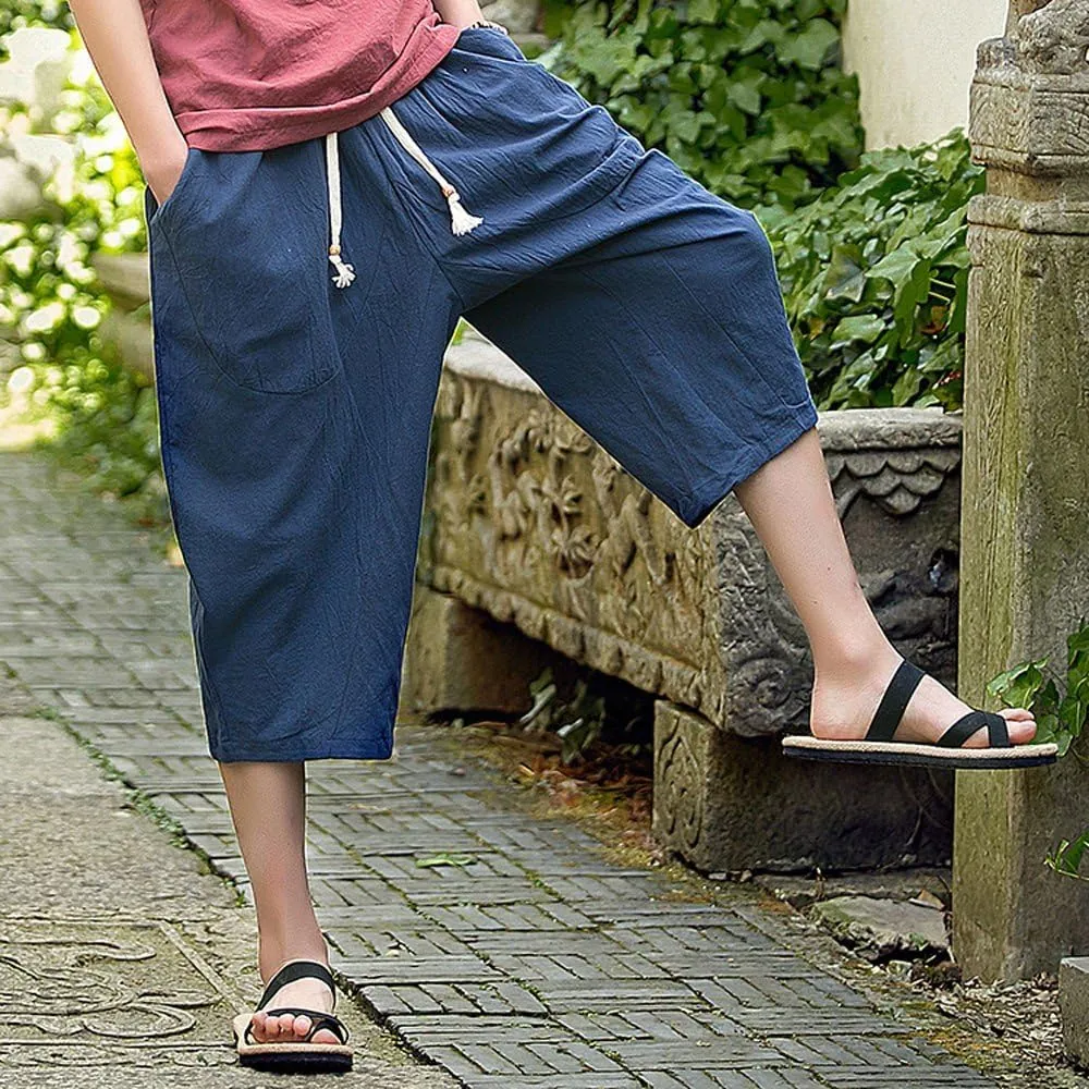 Linen Pants Men Big and Tall Classic Hippie Harem Pants Casual Lightweight Straight Leg Summer Beach Trousers