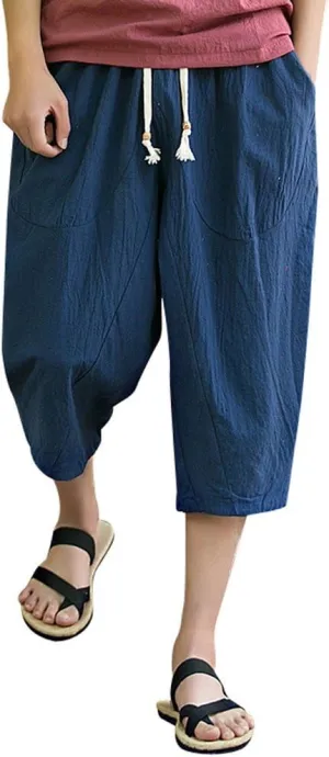 Linen Pants Men Big and Tall Classic Hippie Harem Pants Casual Lightweight Straight Leg Summer Beach Trousers