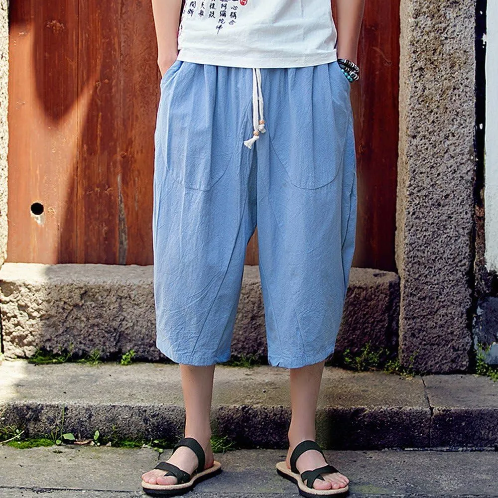 Linen Pants Men Big and Tall Classic Hippie Harem Pants Casual Lightweight Straight Leg Summer Beach Trousers