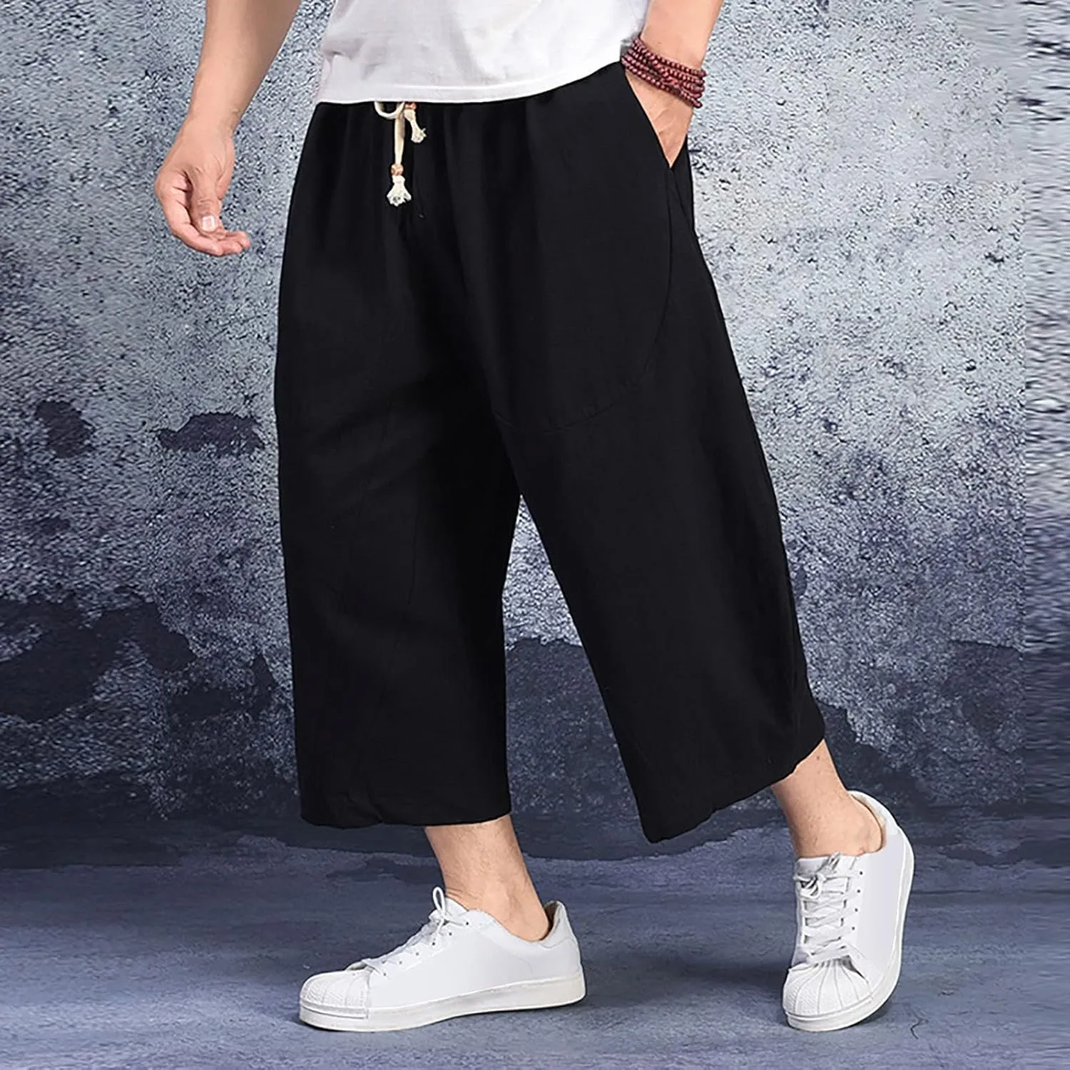 Linen Pants Men Big and Tall Elastic Waist Lounge Hip Hop Harem Pants Summer Casual Straight Leg Dress Trousers