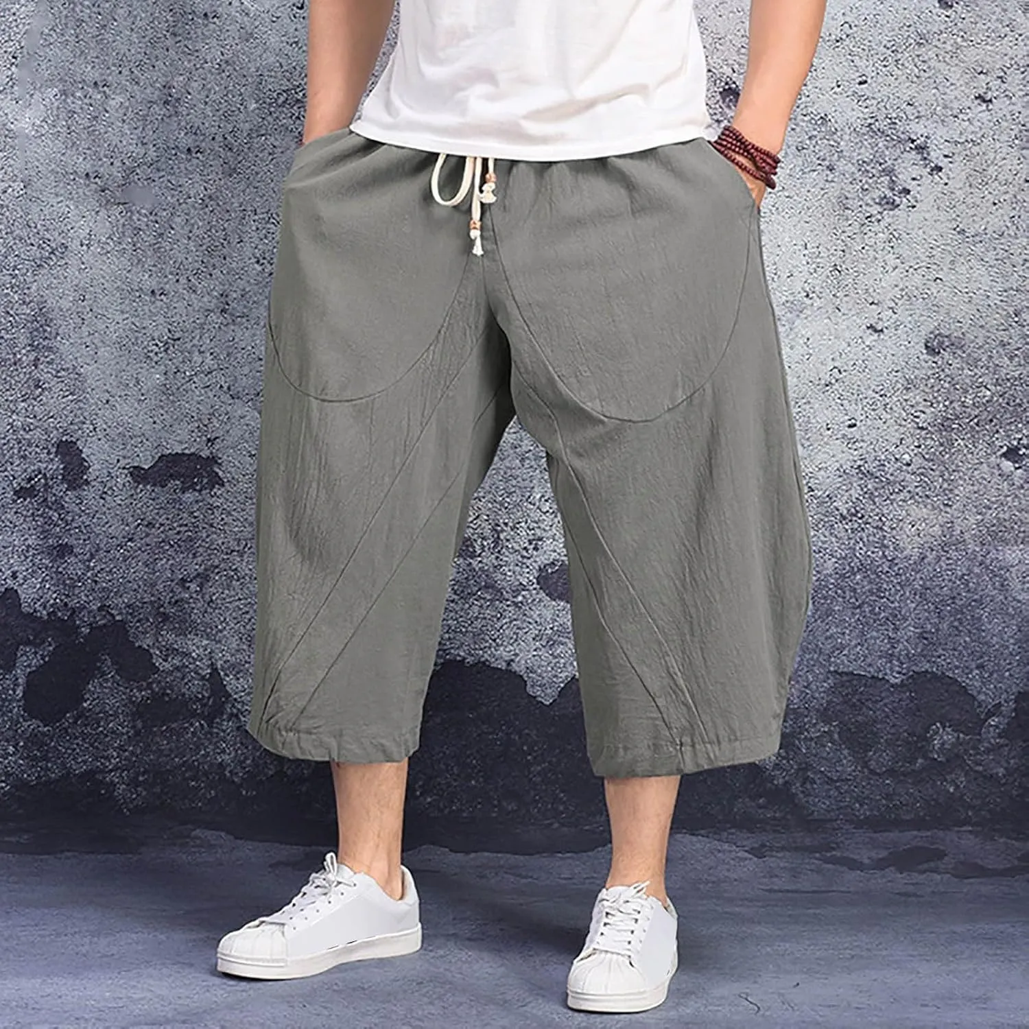 Linen Pants Men Big and Tall Elastic Waist Lounge Hip Hop Harem Pants Summer Casual Straight Leg Dress Trousers