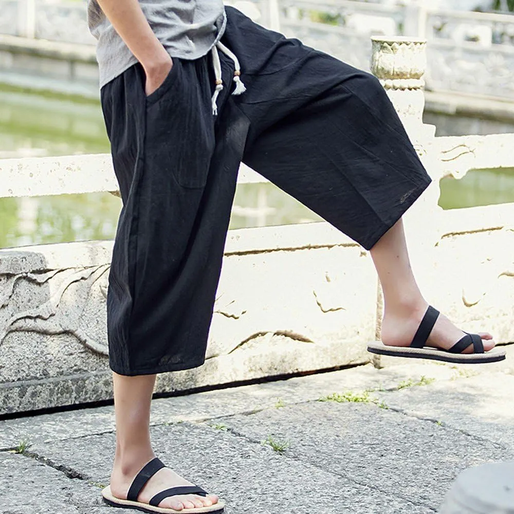 Linen Pants Men Big and Tall Summer Elastic Waist Drawstring Beach Athletic Capri Pants for Workout Jogging Running
