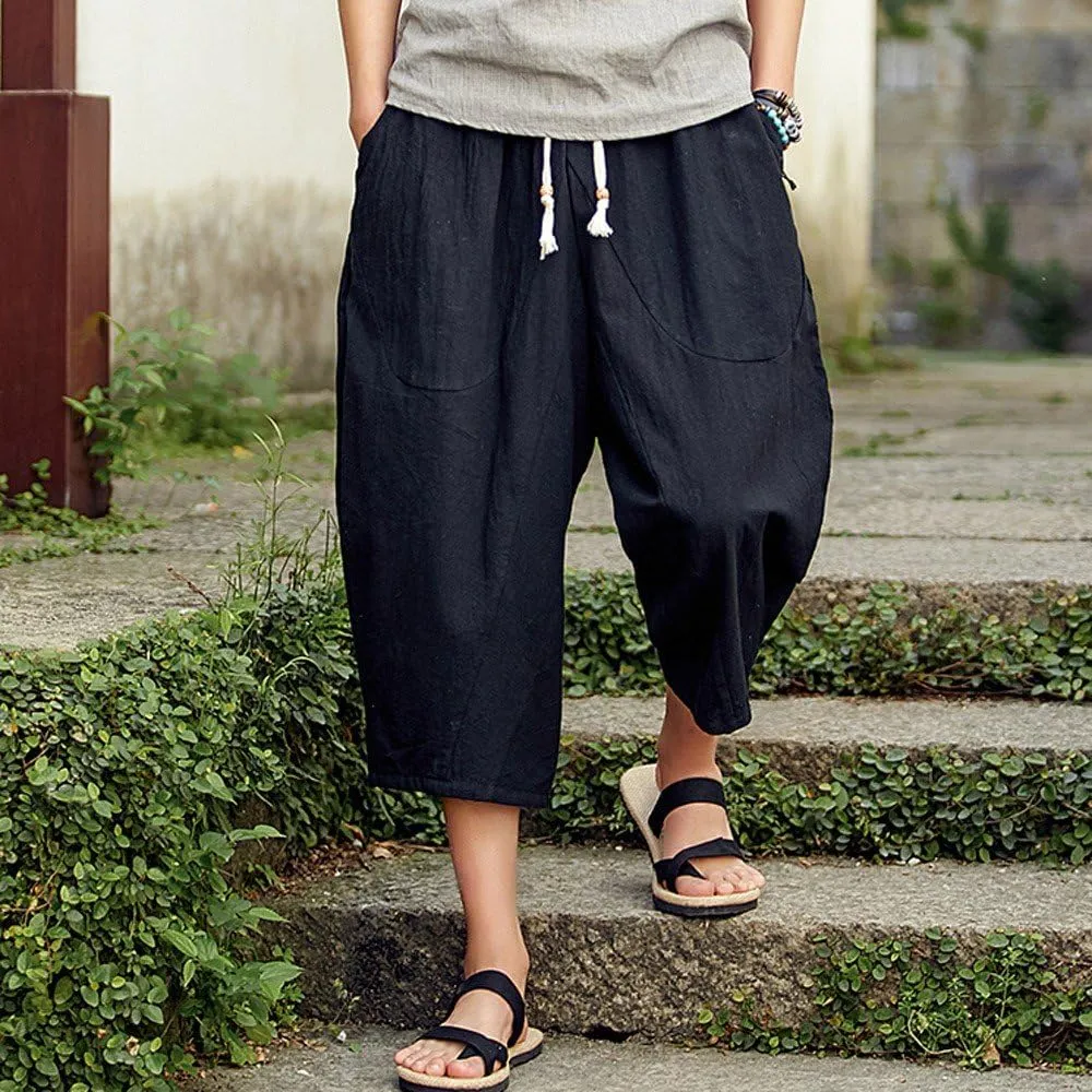 Linen Pants Men Big and Tall Summer Elastic Waist Drawstring Beach Athletic Capri Pants for Workout Jogging Running