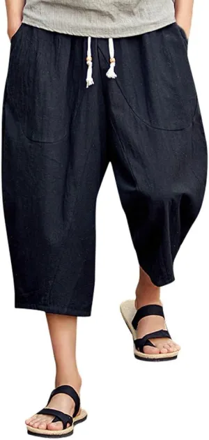 Linen Pants Men Big and Tall Summer Elastic Waist Drawstring Beach Athletic Capri Pants for Workout Jogging Running