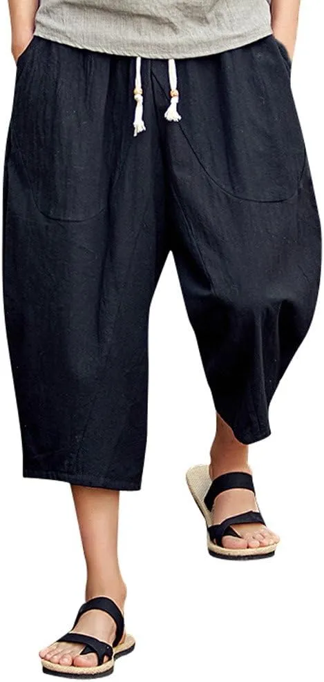 Linen Pants Men Big and Tall Summer Elastic Waist Drawstring Beach Athletic Capri Pants for Workout Jogging Running