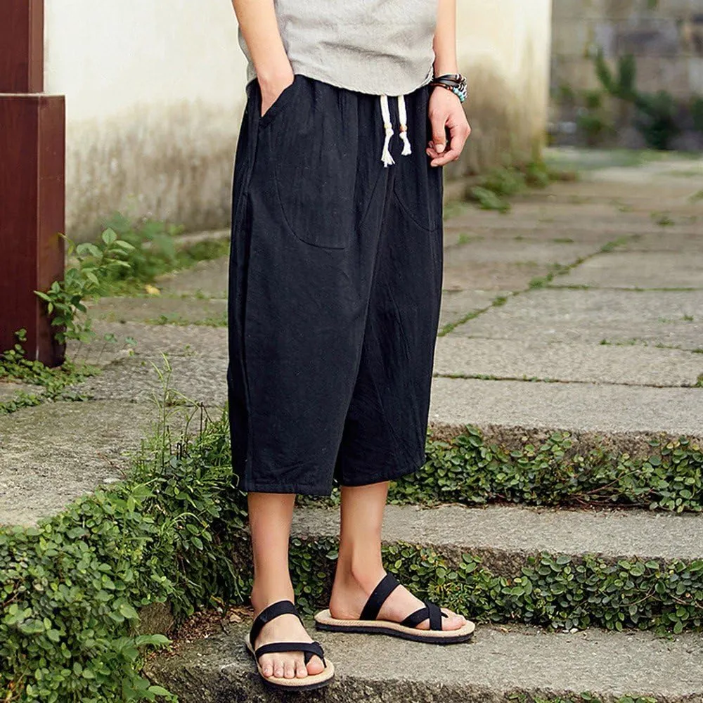Linen Pants Men Big and Tall Summer Elastic Waist Drawstring Beach Athletic Capri Pants for Workout Jogging Running