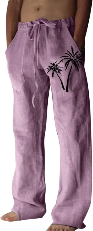 Linen Pants Men Slim Fit Casual Drawstring Elastic Waist Tree Printed Beach Yoga Pants Summer Lightweight Trousers