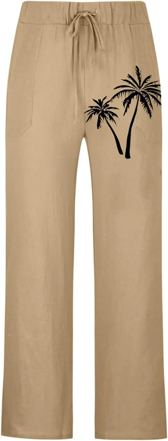 Linen Pants Men Slim Fit Casual Drawstring Elastic Waist Tree Printed Beach Yoga Pants Summer Lightweight Trousers