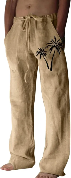 Linen Pants Men Slim Fit Casual Drawstring Elastic Waist Tree Printed Beach Yoga Pants Summer Lightweight Trousers