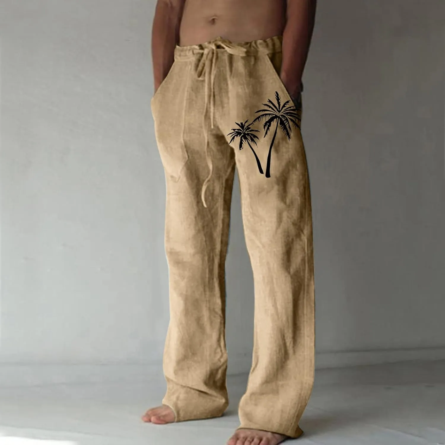 Linen Pants Men Slim Fit Casual Drawstring Elastic Waist Tree Printed Beach Yoga Pants Summer Lightweight Trousers