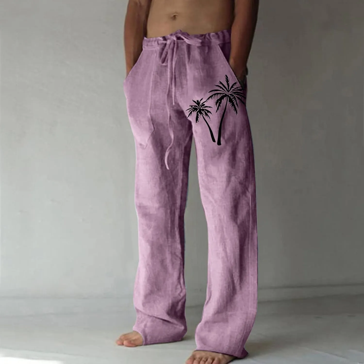 Linen Pants Men Slim Fit Casual Drawstring Elastic Waist Tree Printed Beach Yoga Pants Summer Lightweight Trousers