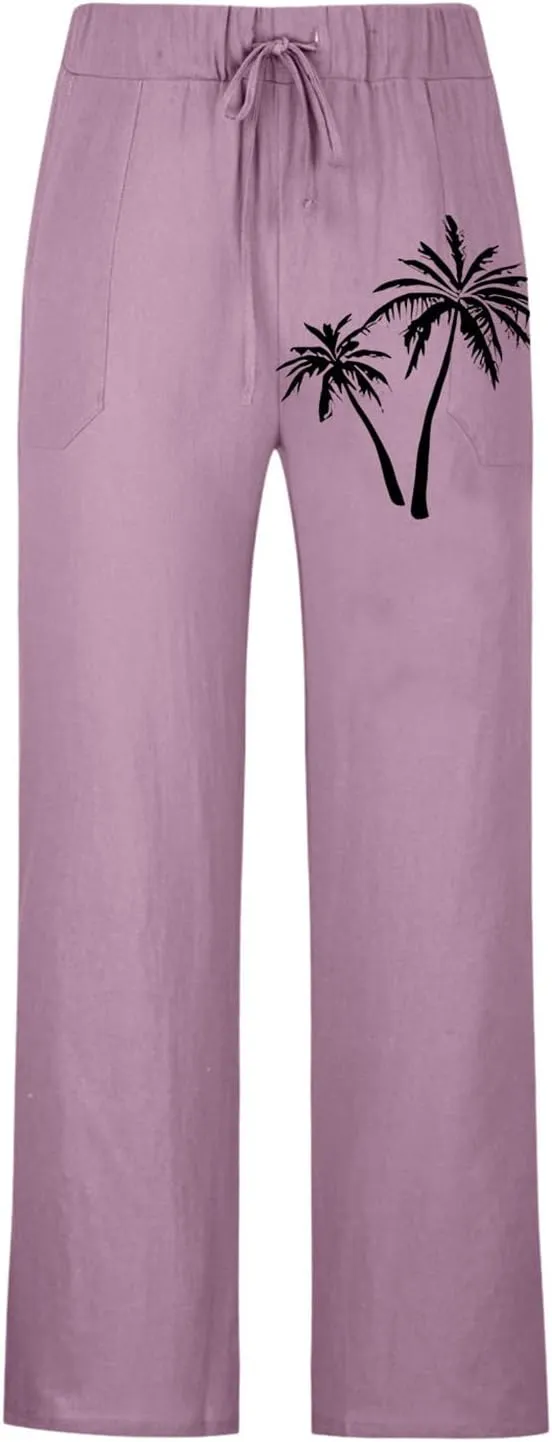 Linen Pants Men Slim Fit Casual Drawstring Elastic Waist Tree Printed Beach Yoga Pants Summer Lightweight Trousers