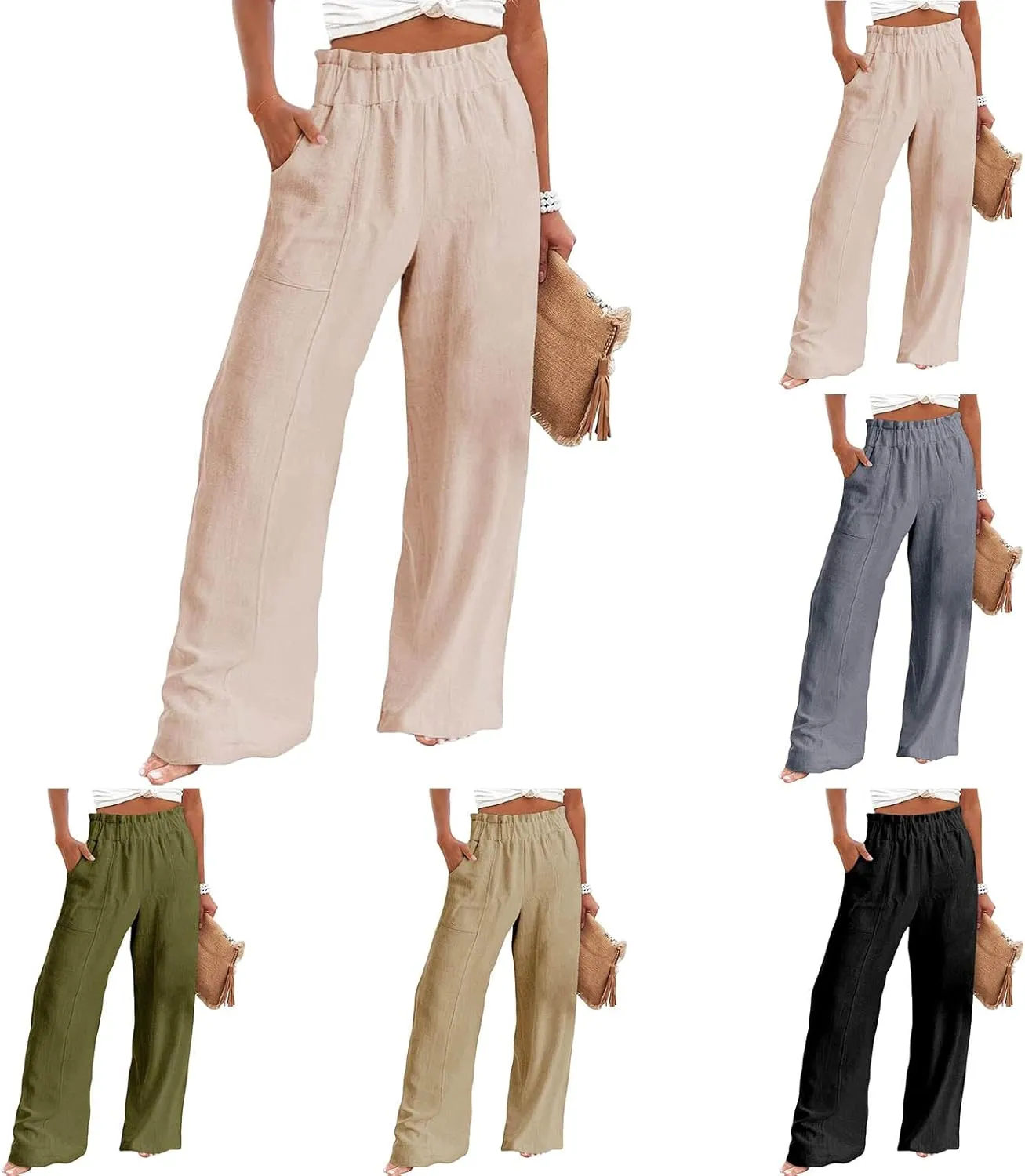 Linen Pants Women Casual Elastic Waist Wide Leg Pants Summer Breathable Palazzo Pant Light Straight Leg Work Trousers