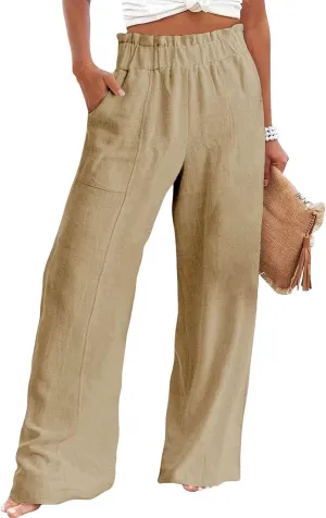 Linen Pants Women Casual Elastic Waist Wide Leg Pants Summer Breathable Palazzo Pant Light Straight Leg Work Trousers
