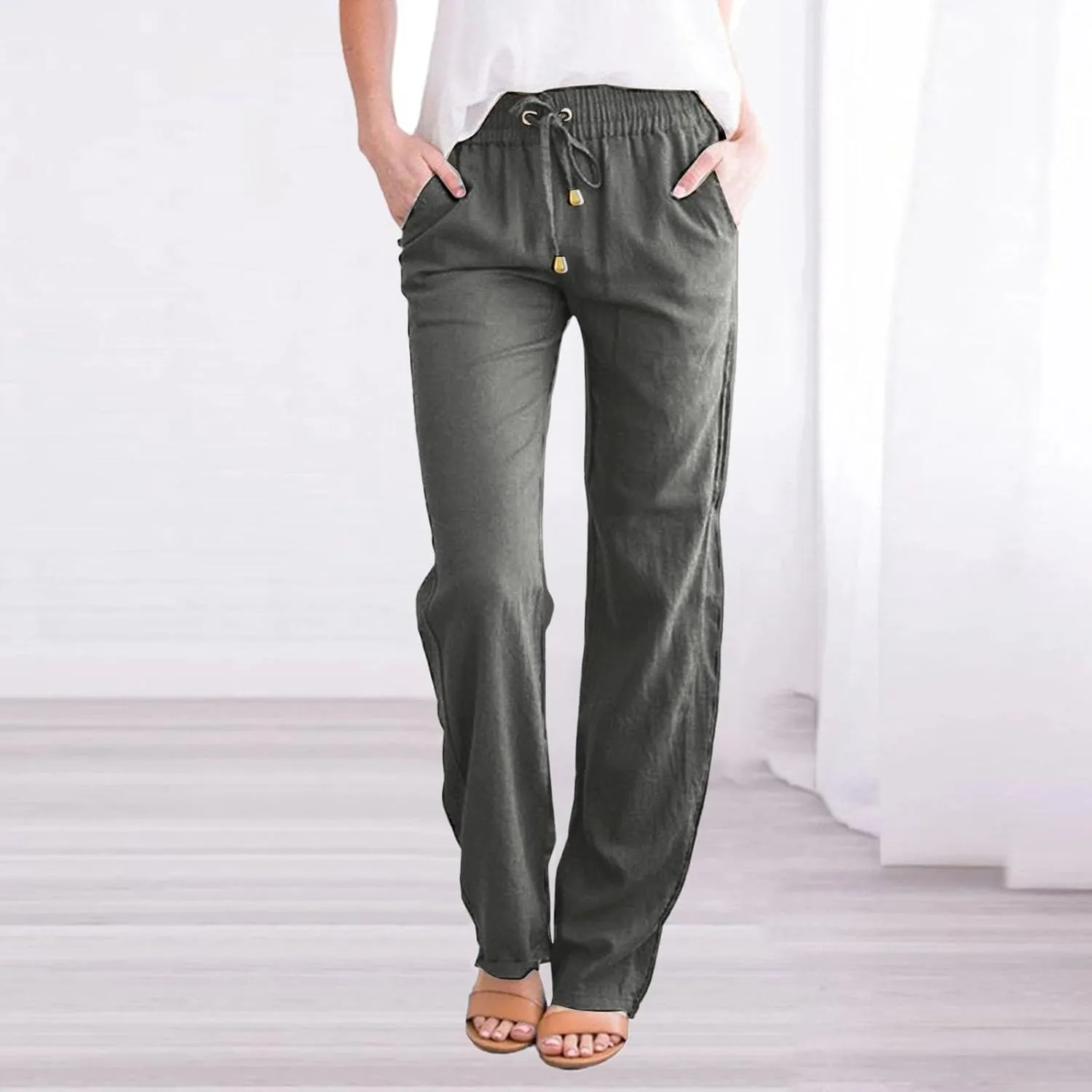 Linen Pants Women Casual Summer Beach Breathable Trousers Cotton Linen Drawstring Elastic Waist Tapered Pants with Pockets