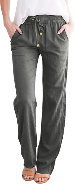 Linen Pants Women Casual Summer Beach Breathable Trousers Cotton Linen Drawstring Elastic Waist Tapered Pants with Pockets