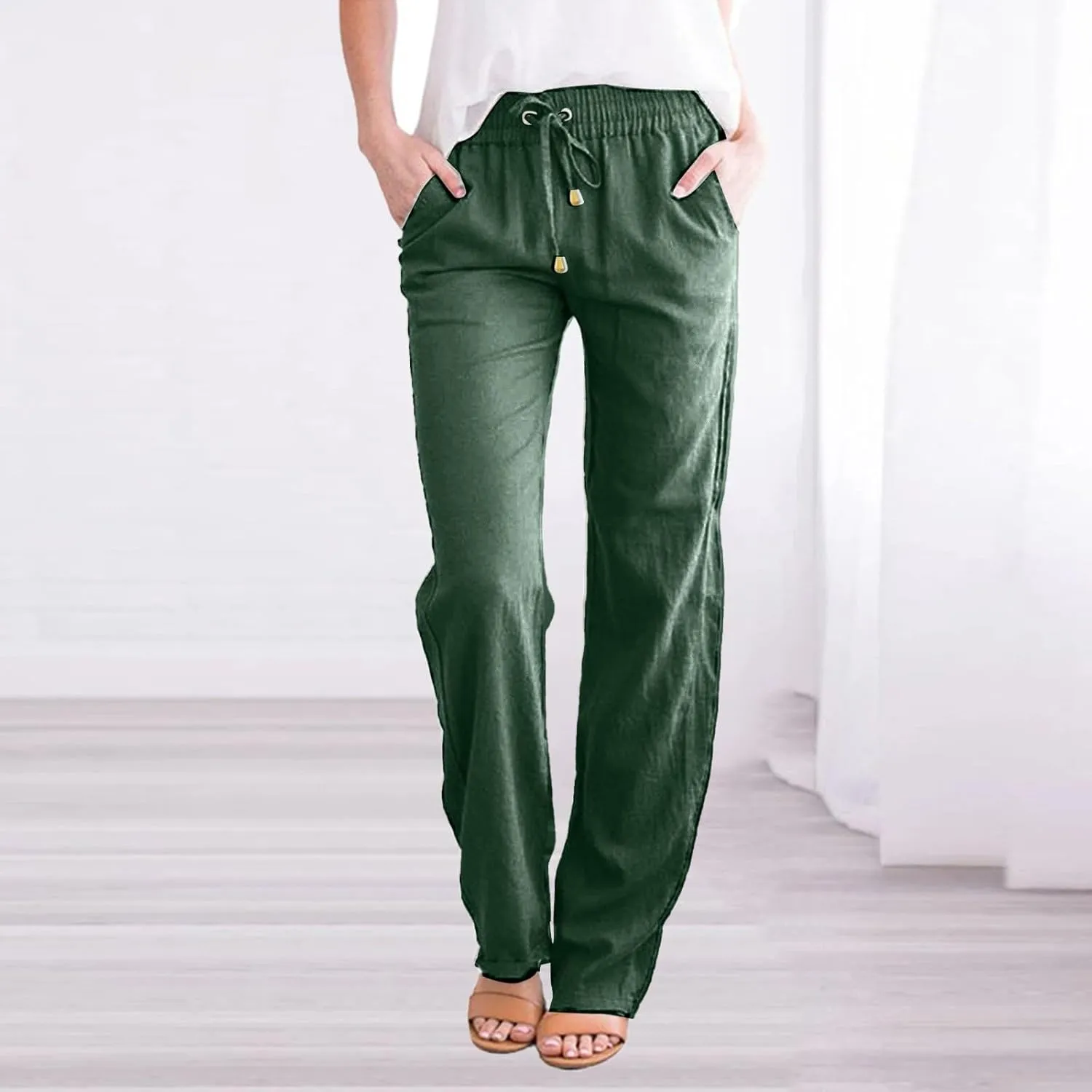 Linen Pants Women Casual Summer Beach Breathable Trousers Cotton Linen Drawstring Elastic Waist Tapered Pants with Pockets