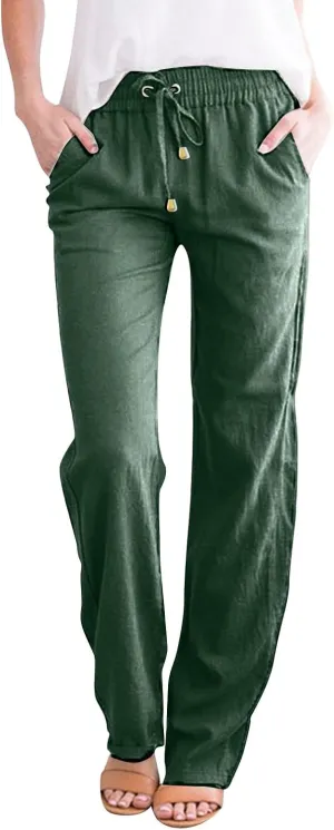 Linen Pants Women Casual Summer Beach Breathable Trousers Cotton Linen Drawstring Elastic Waist Tapered Pants with Pockets