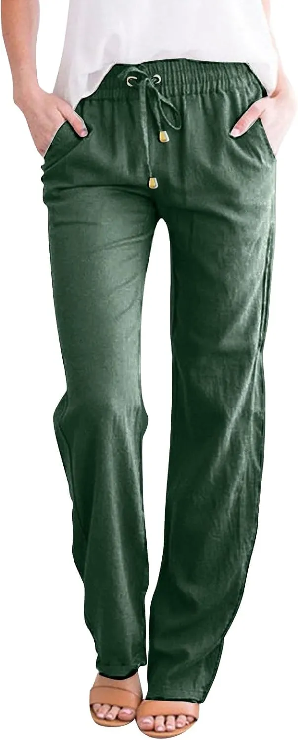 Linen Pants Women Casual Summer Beach Breathable Trousers Cotton Linen Drawstring Elastic Waist Tapered Pants with Pockets