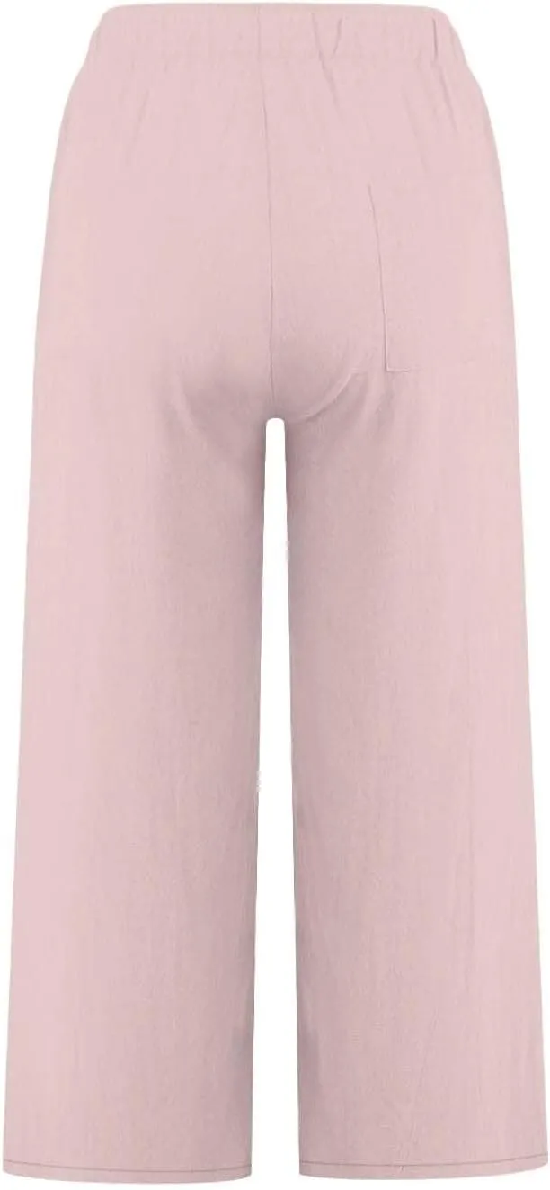 Linen Pants Women Summer Boho Mid Rise Palazzo Trousers Casual Cotton Solid Going Out Beach Clothes with Pockets