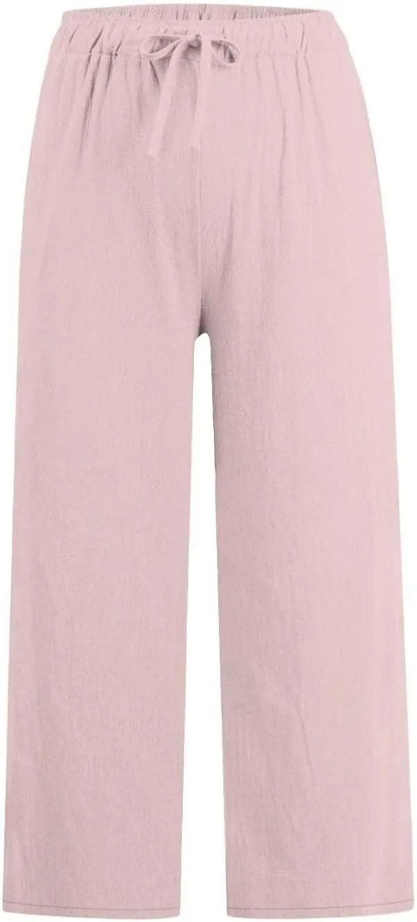 Linen Pants Women Summer Boho Mid Rise Palazzo Trousers Casual Cotton Solid Going Out Beach Clothes with Pockets