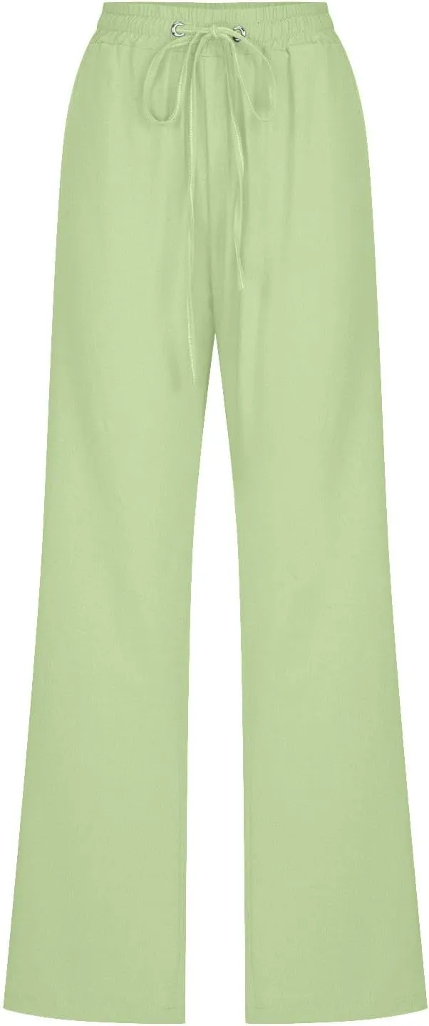 Lmdudan 2025 Women Casual Linen High Waist Pants Drawstring Loose Fit Summer Pants Elastic Waist Trousers with Pockets