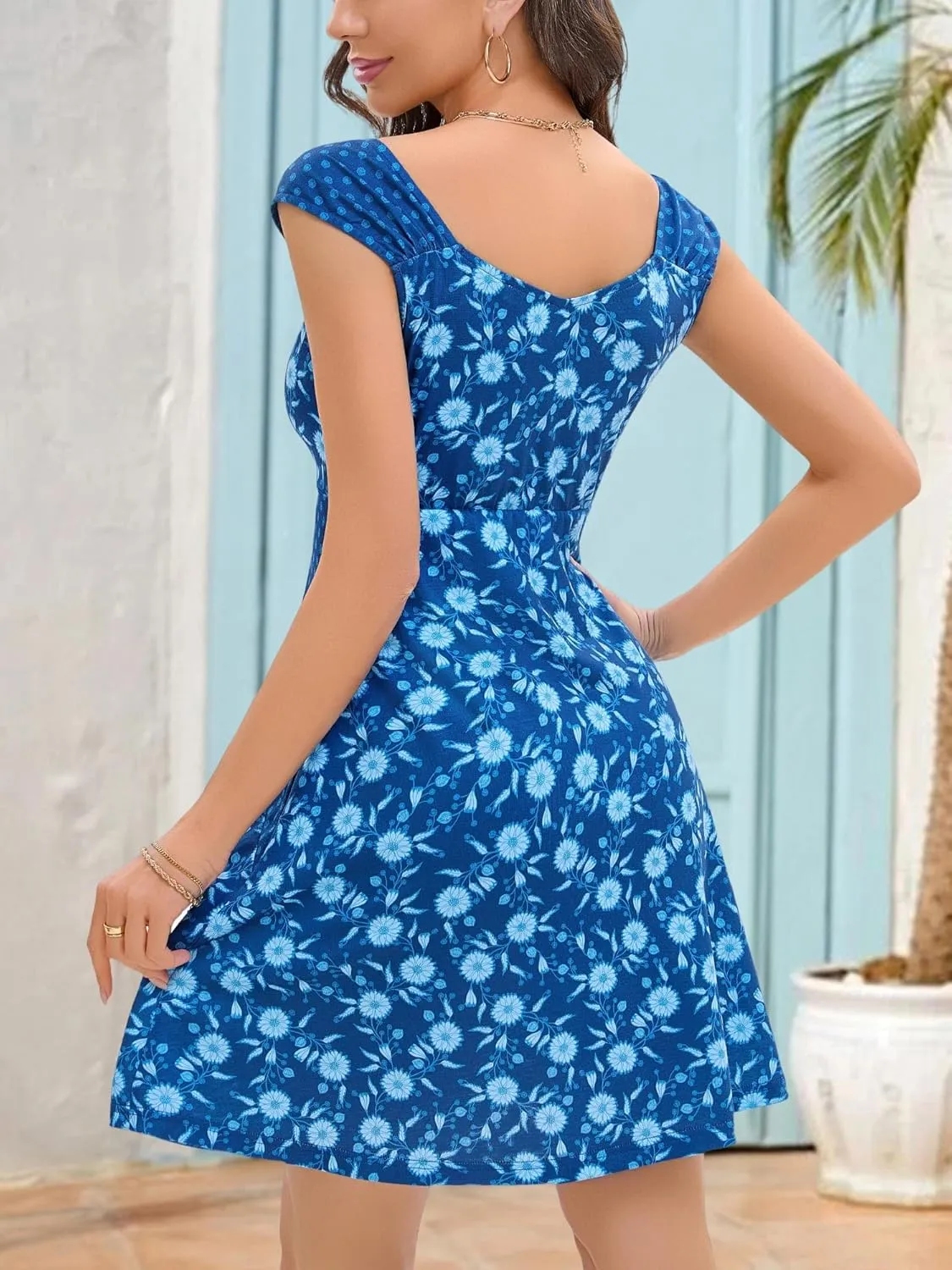 LOLOCCI Women Sweetheart Neck Sexy Mini Patchwork Floral Milkmaid Sundresses Corset A Line Sleeveless Cocktail with Pockets