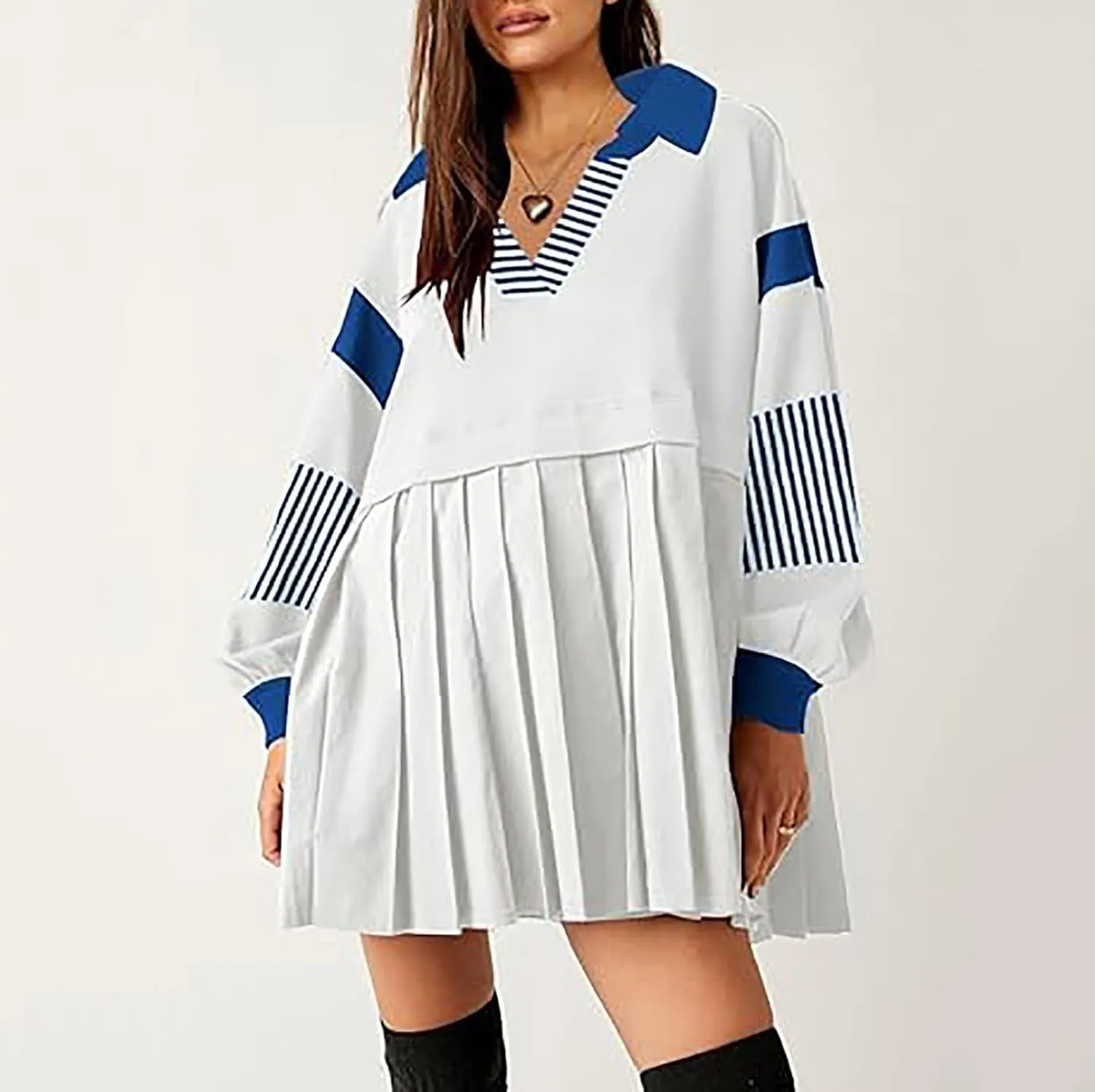 Long Sleeve Fall Dresses for Women 2024 Casual V Neck Striped Mini Dress Fashion Cute Ruffle T-Shirt Dress Preppy Top