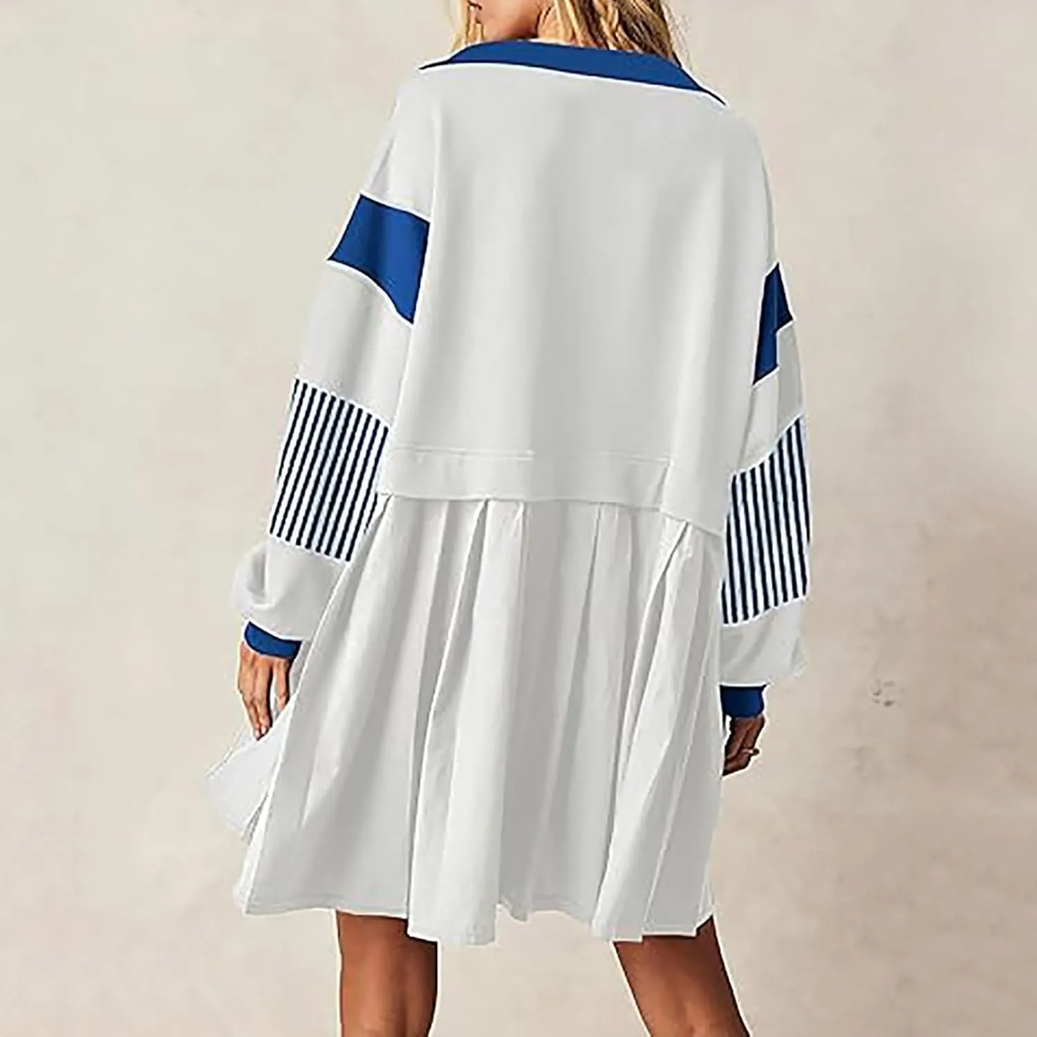 Long Sleeve Fall Dresses for Women 2024 Casual V Neck Striped Mini Dress Fashion Cute Ruffle T-Shirt Dress Preppy Top