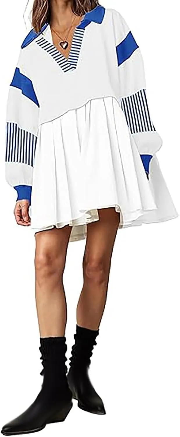 Long Sleeve Fall Dresses for Women 2024 Casual V Neck Striped Mini Dress Fashion Cute Ruffle T-Shirt Dress Preppy Top