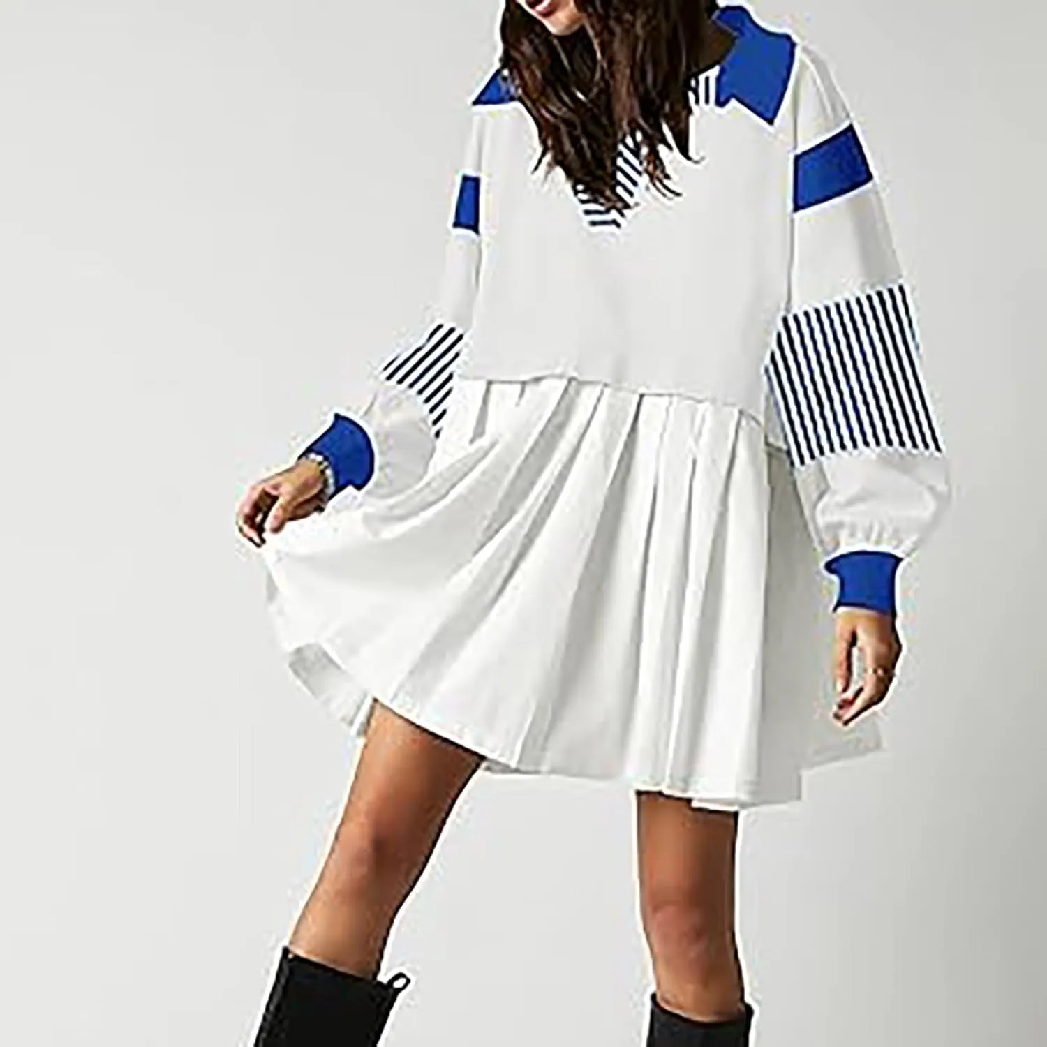 Long Sleeve Fall Dresses for Women 2024 Casual V Neck Striped Mini Dress Fashion Cute Ruffle T-Shirt Dress Preppy Top
