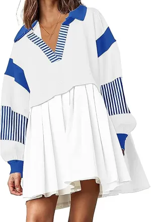 Long Sleeve Fall Dresses for Women 2024 Casual V Neck Striped Mini Dress Fashion Cute Ruffle T-Shirt Dress Preppy Top