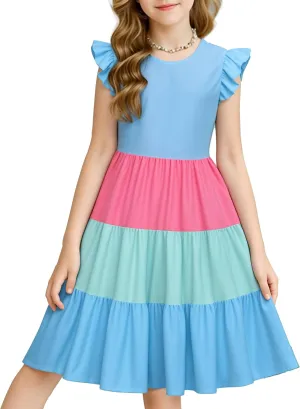 LQSZ Girls Summer Dresses with Ruffle Short Sleeve Midi Casual A-Line Twirly School Sundress Size 3-12 Years