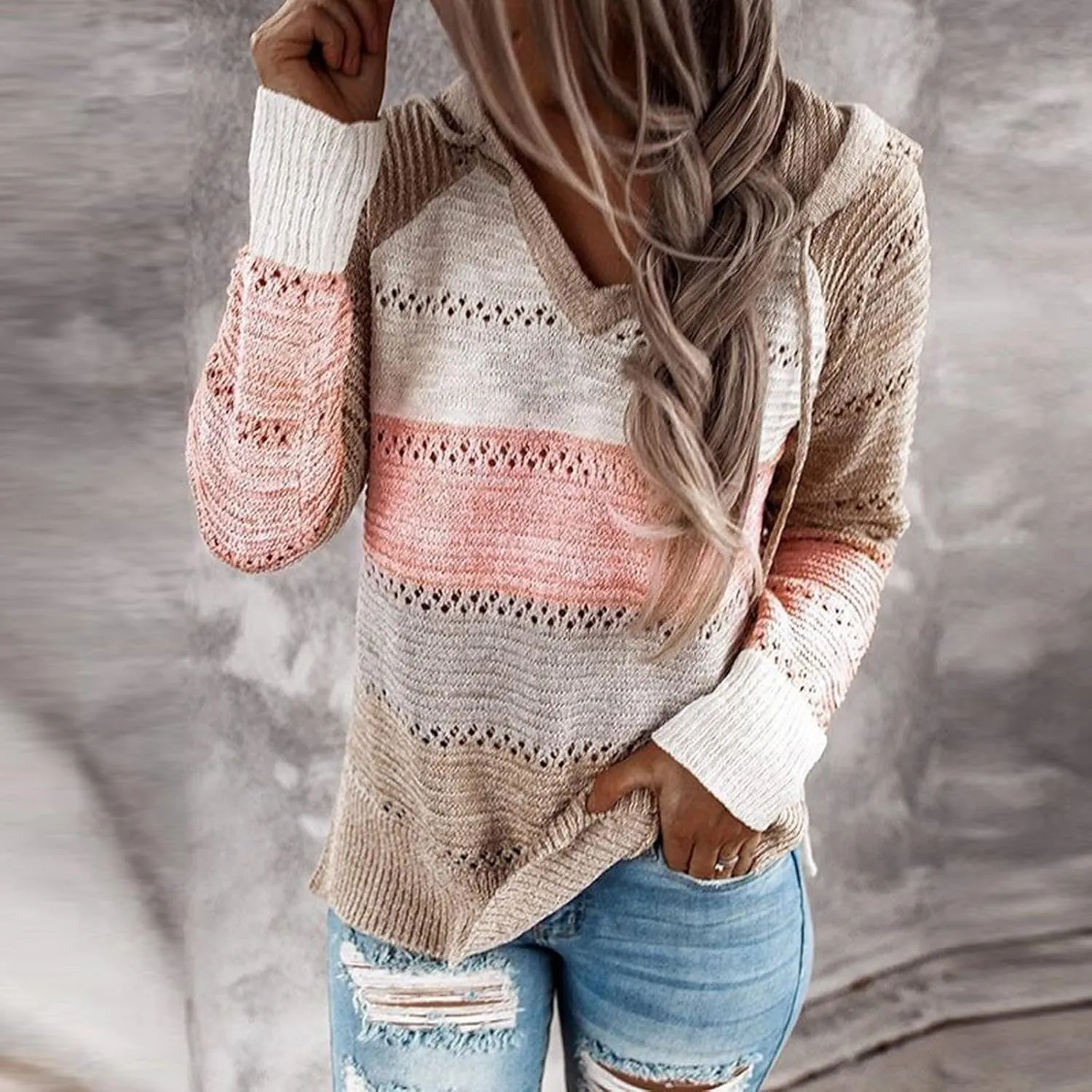 LRMQS Womens Fall Fashion 2024 Color Block Drawstring Hoodies Sweater Trendy Casual Loose Cute Knit Pullover Winter Clothes