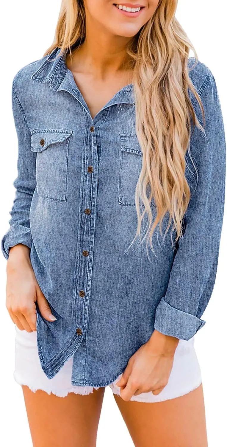 luvamia Denim Shirt Women Chambray Jean Western Shirts Long Sleeve Button Down Tops
