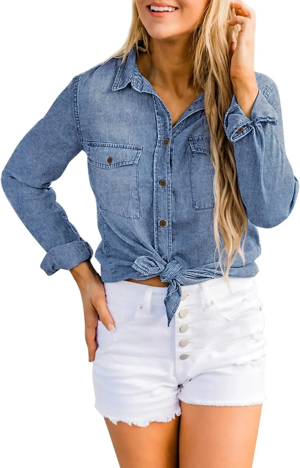 luvamia Denim Shirt Women Chambray Jean Western Shirts Long Sleeve Button Down Tops
